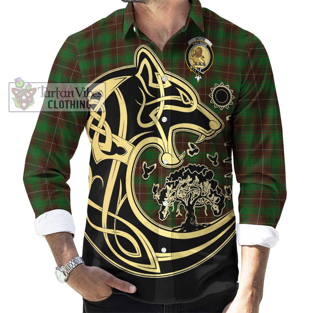 McFie Hunting Tartan Long Sleeve Button Shirt with Family Crest Celtic Wolf Style - Tartan Vibes Clothing