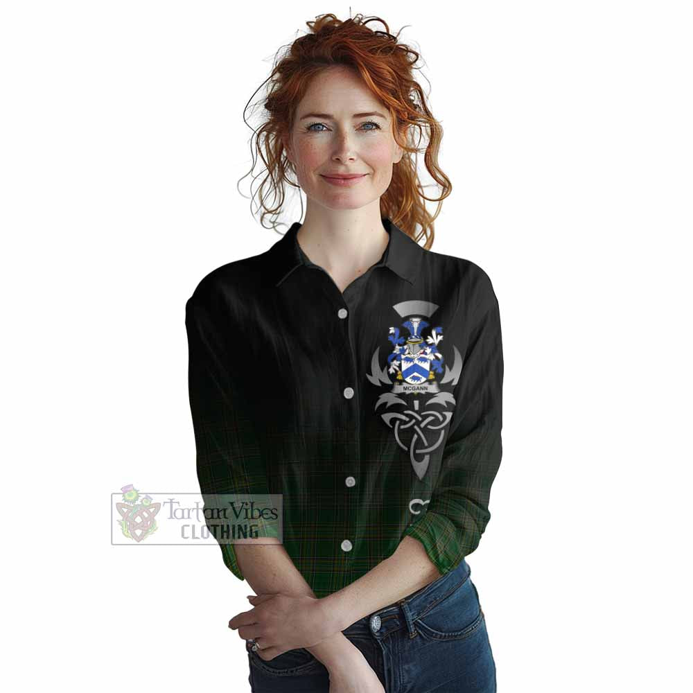 Tartan Vibes Clothing McGann Irish Clan Women's Casual Shirt with Coat of Arms Erin Go Bragh Celtic Inspired