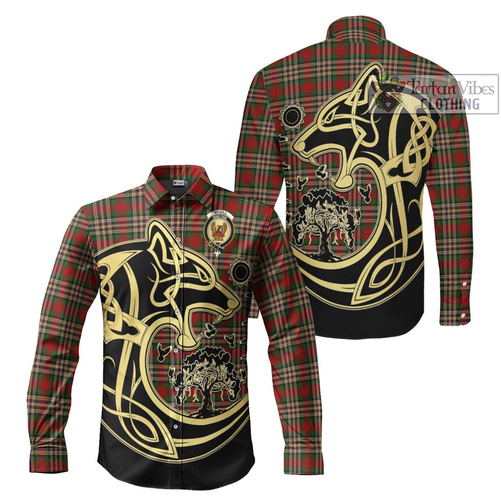 McGill Tartan Long Sleeve Button Shirt with Family Crest Celtic Wolf Style Men's Shirt S - Tartan Vibes Clothing