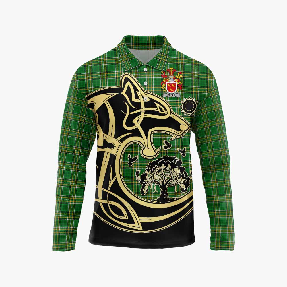 Tartan Vibes Clothing McGill Irish Tartan Long Sleeve Polo Shirt with Coat of Arms Celtic Wolf Style