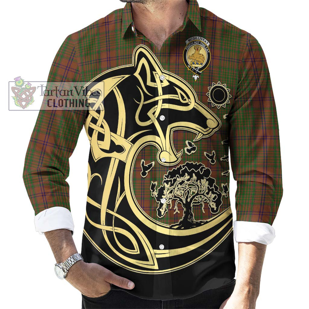 McGillivray Hunting Tartan Long Sleeve Button Shirt with Family Crest Celtic Wolf Style - Tartan Vibes Clothing