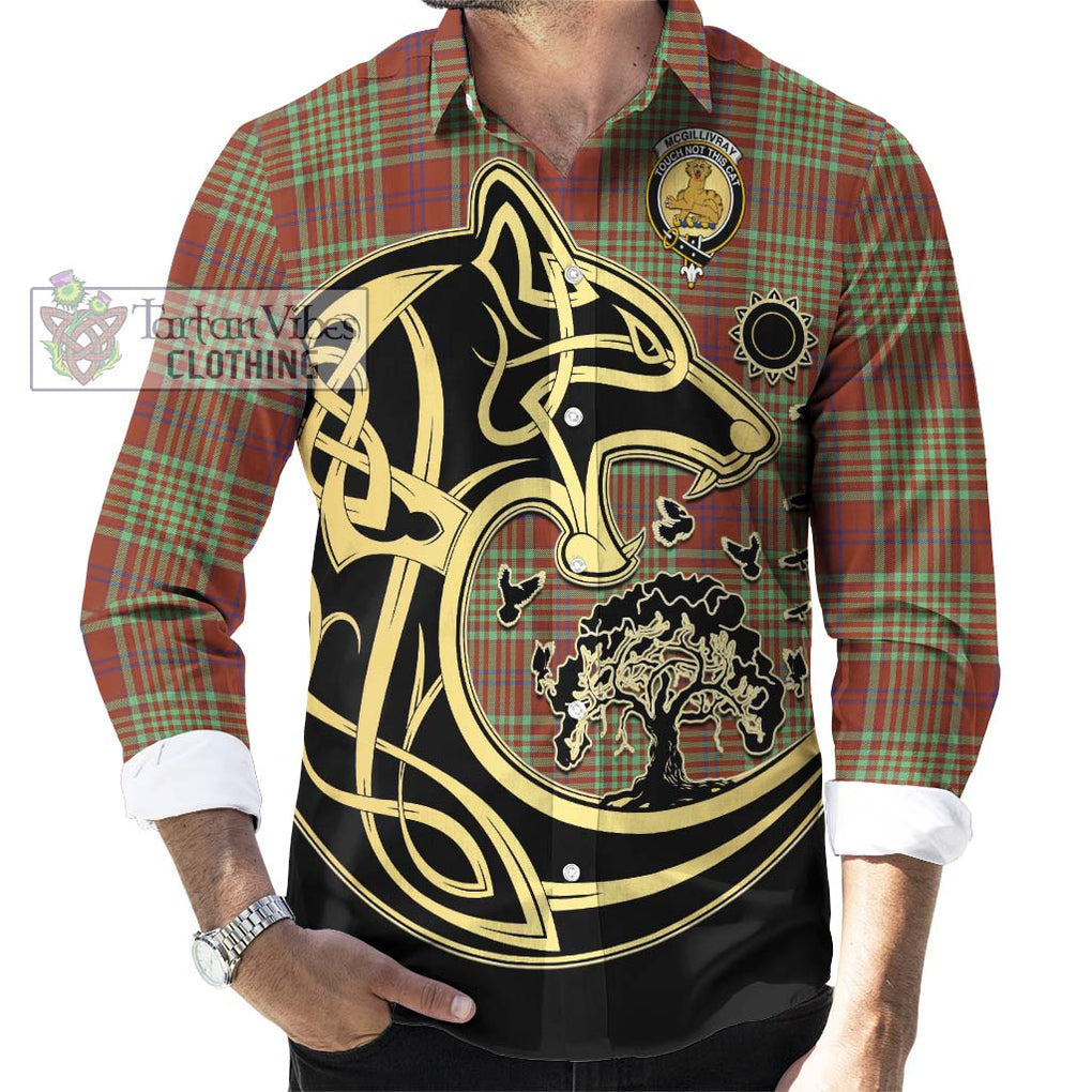 McGillivray Hunting Ancient Tartan Long Sleeve Button Shirt with Family Crest Celtic Wolf Style - Tartan Vibes Clothing