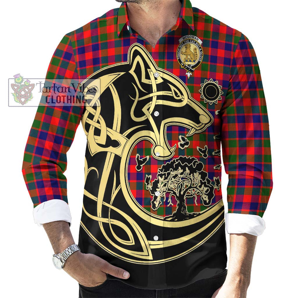 McGowan Tartan Long Sleeve Button Shirt with Family Crest Celtic Wolf Style - Tartan Vibes Clothing