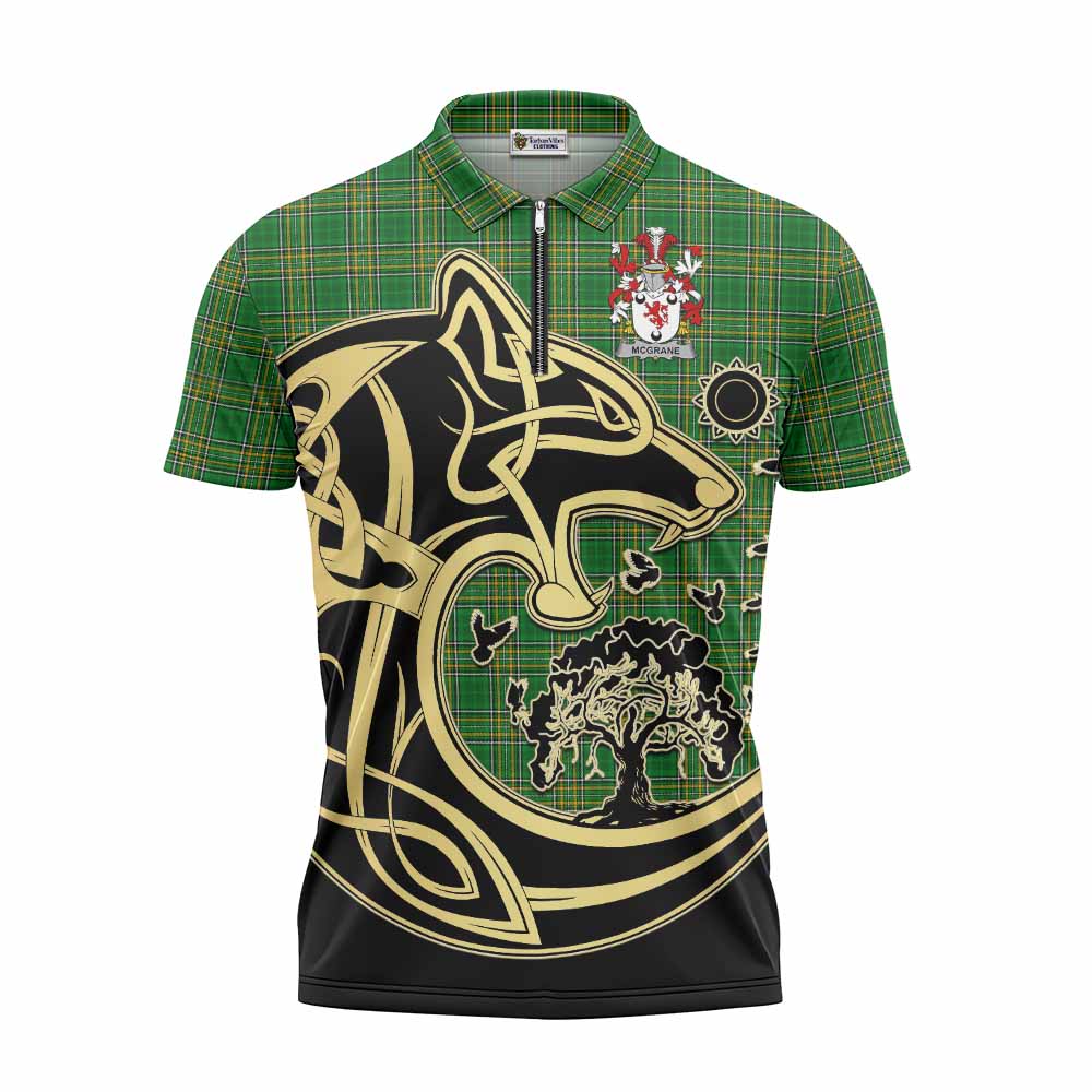 Tartan Vibes Clothing McGrane Irish Tartan Zipper Polo Shirt with Coat of Arms Celtic Wolf Style