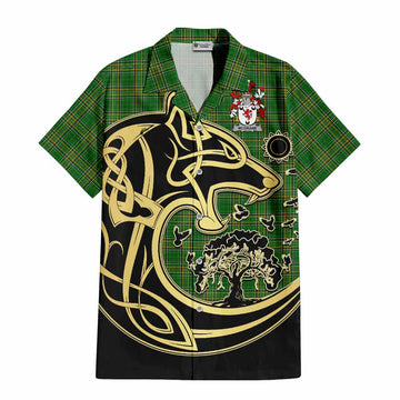 Tartan Vibes Clothing McGrane Irish Tartan Short Sleeve Button Shirt with Coat of Arms Celtic Wolf Style