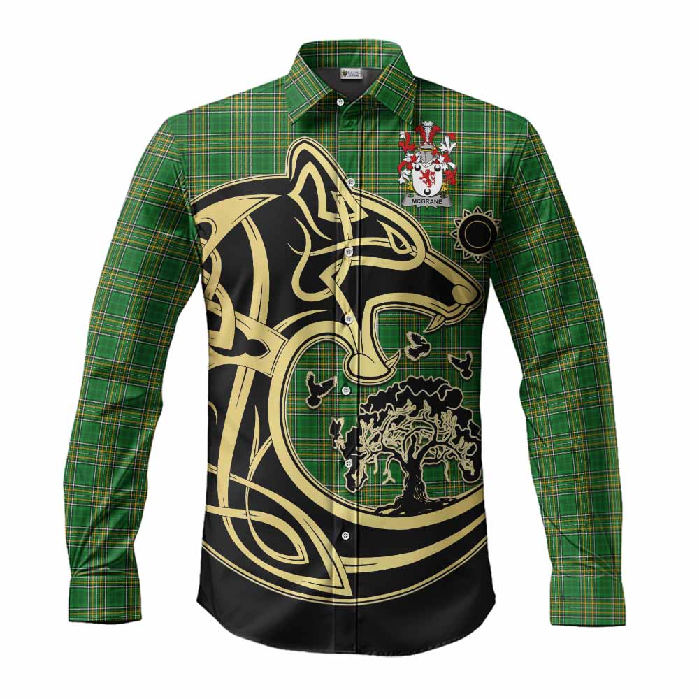 Tartan Vibes Clothing McGrane Irish Tartan Long Sleeve Button Shirt with Coat of Arms Celtic Wolf Style