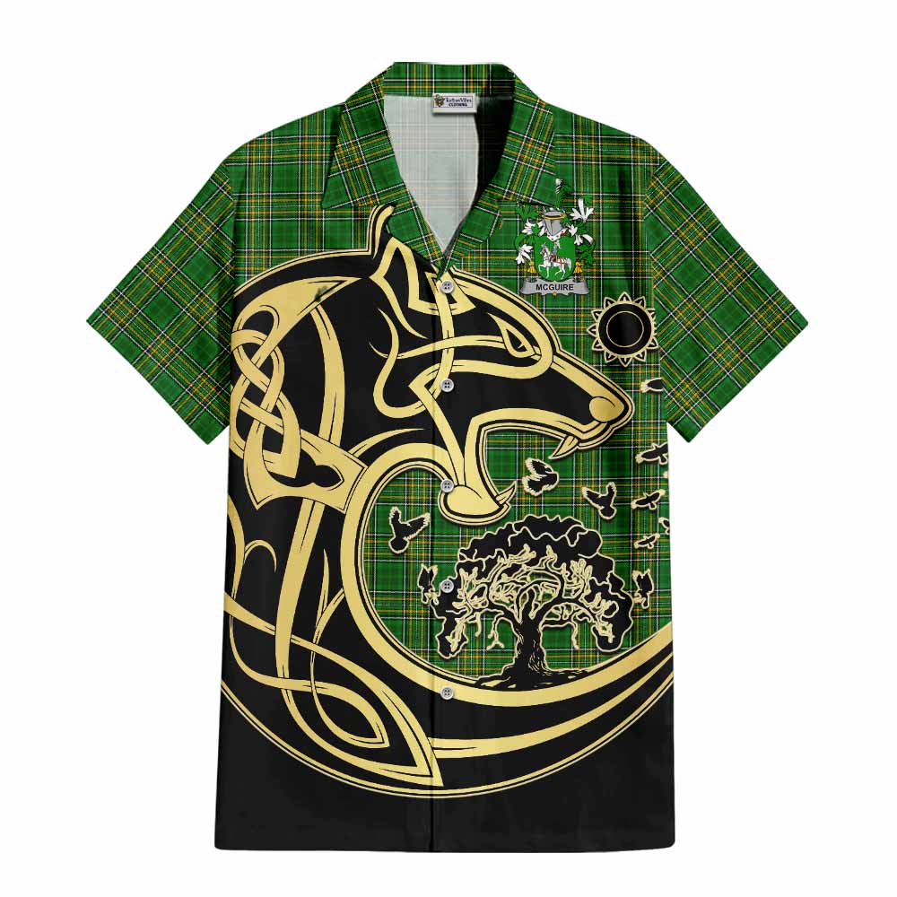 Tartan Vibes Clothing McGuire Irish Tartan Short Sleeve Button Shirt with Coat of Arms Celtic Wolf Style