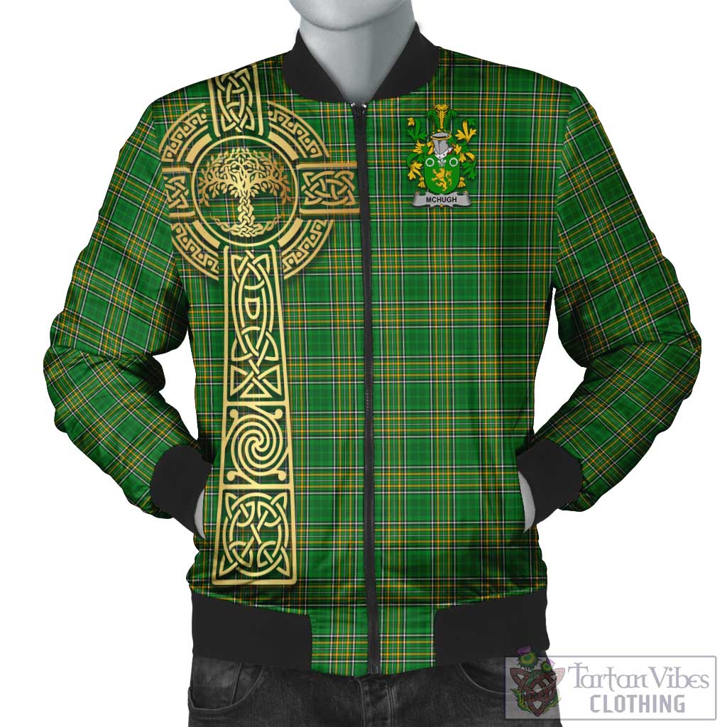 Tartan Vibes Clothing McHugh Irish Clan Tartan Bomber Jacket with Coat of Arms Celtic Tree of Life Style