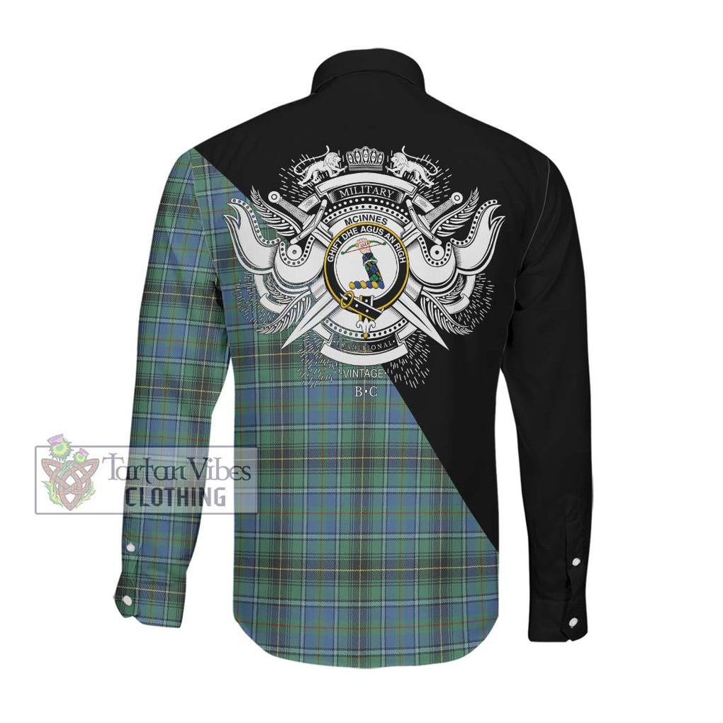 McInnes Ancient Tartan Long Sleeve Button Shirt with Family Crest and Military Logo Style Men's Shirt - Tartanvibesclothing Shop