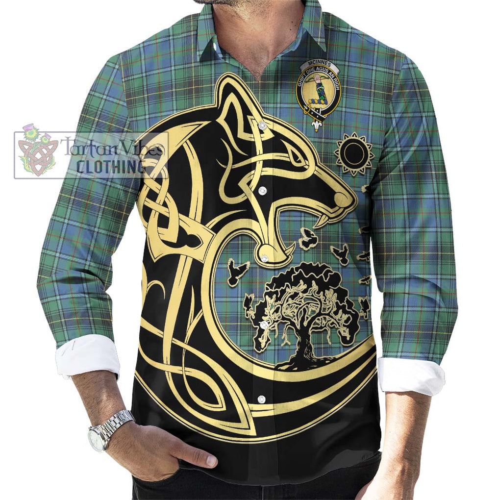 McInnes Ancient Tartan Long Sleeve Button Shirt with Family Crest Celtic Wolf Style - Tartan Vibes Clothing