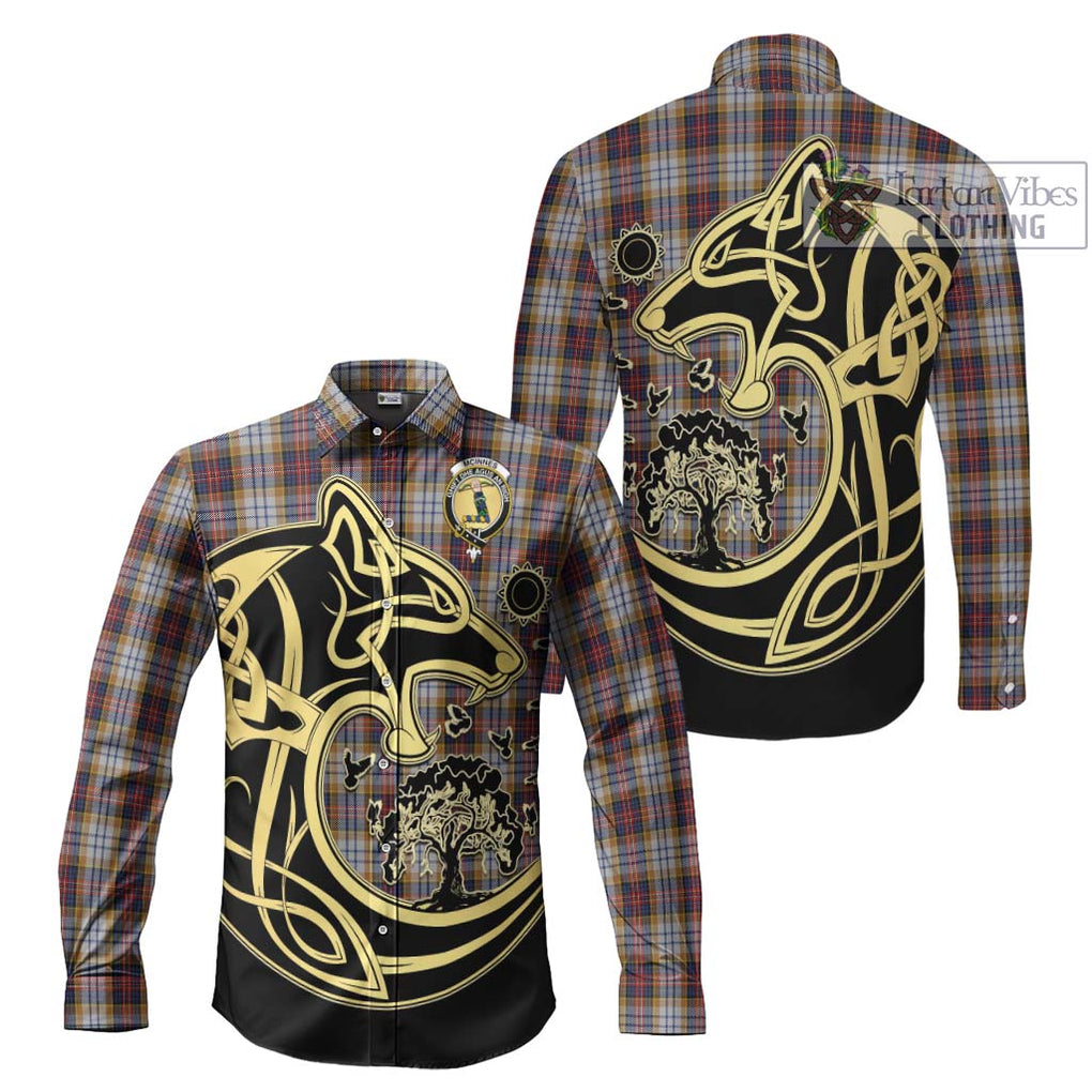 McInnes Ancient Hunting Tartan Long Sleeve Button Shirt with Family Crest Celtic Wolf Style Men's Shirt S - Tartan Vibes Clothing