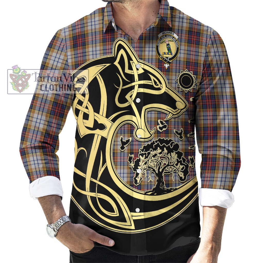 McInnes Ancient Hunting Tartan Long Sleeve Button Shirt with Family Crest Celtic Wolf Style - Tartan Vibes Clothing