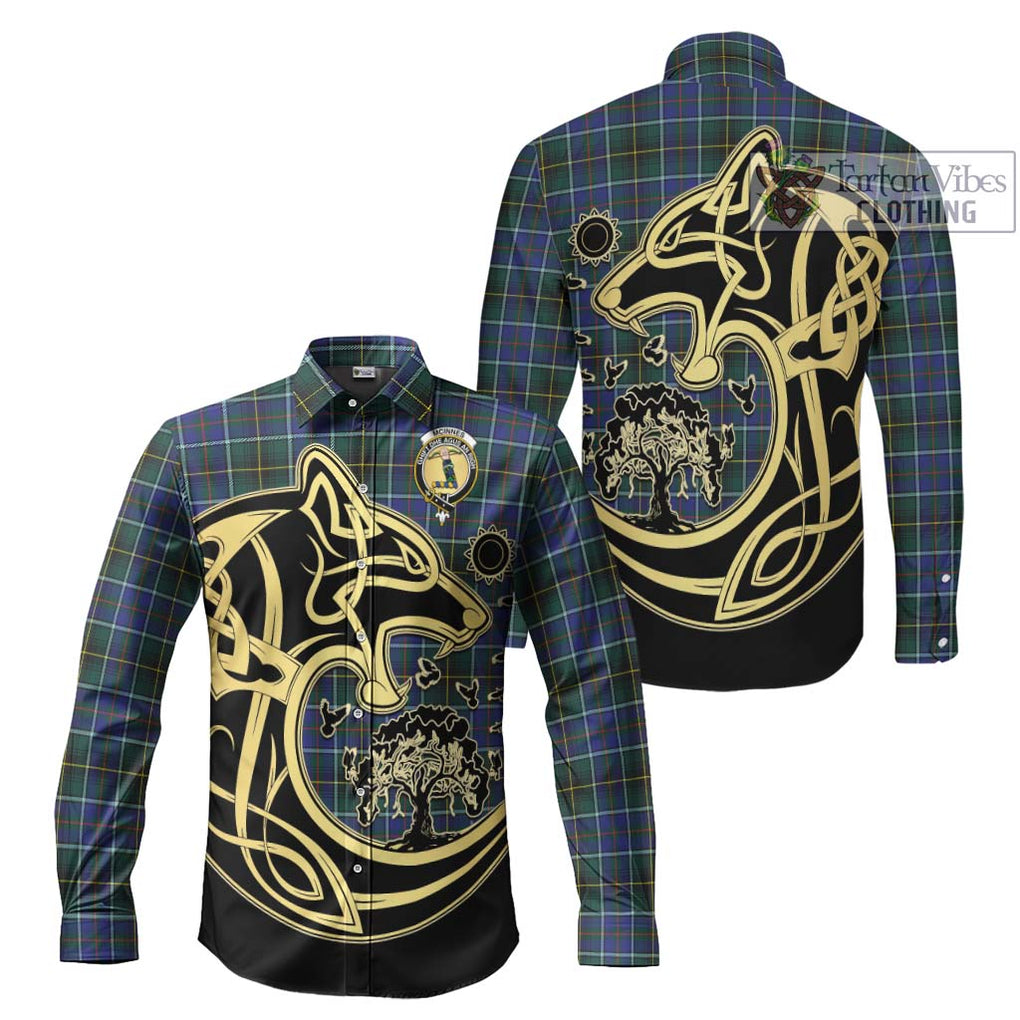 McInnes Modern Tartan Long Sleeve Button Shirt with Family Crest Celtic Wolf Style Men's Shirt S - Tartan Vibes Clothing