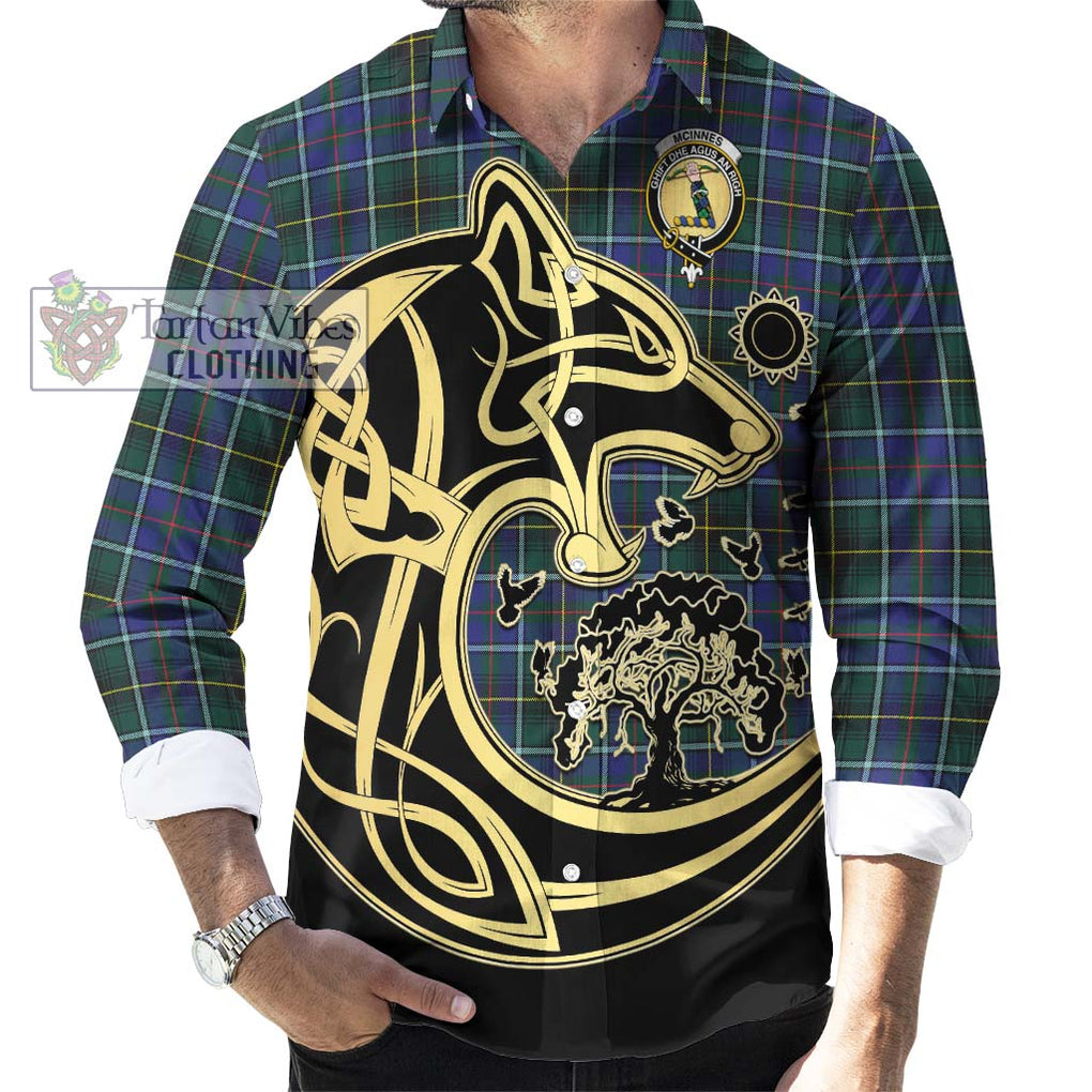 McInnes Modern Tartan Long Sleeve Button Shirt with Family Crest Celtic Wolf Style - Tartan Vibes Clothing