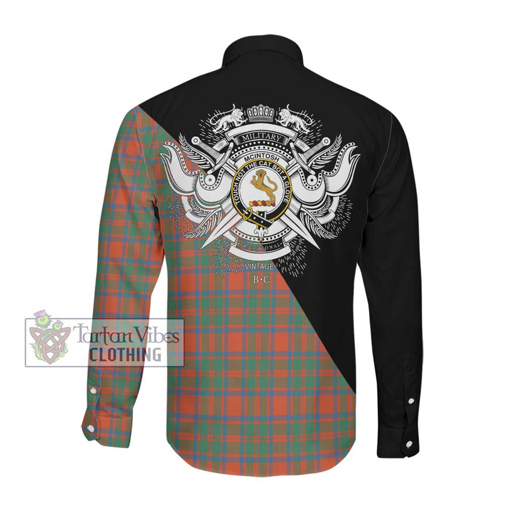 McIntosh Ancient Tartan Long Sleeve Button Shirt with Family Crest and Military Logo Style Men's Shirt - Tartanvibesclothing Shop
