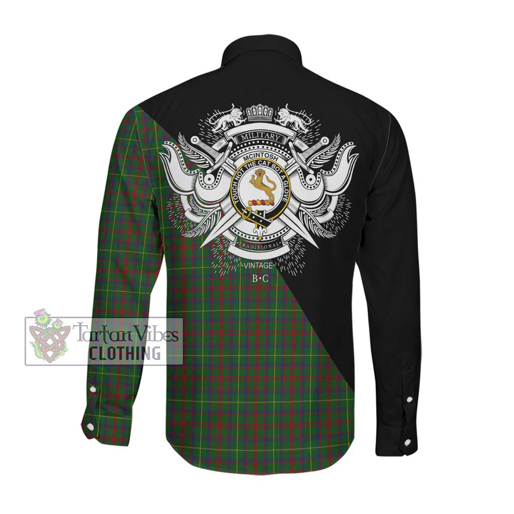 McIntosh Hunting Tartan Long Sleeve Button Shirt with Family Crest and Military Logo Style Men's Shirt - Tartanvibesclothing Shop