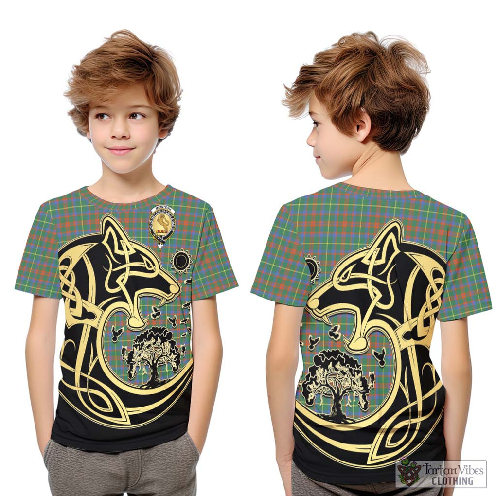 McIntosh Hunting Ancient Tartan Kid T-Shirt with Family Crest Celtic Wolf Style Youth XL Size14 - Tartan Vibes Clothing