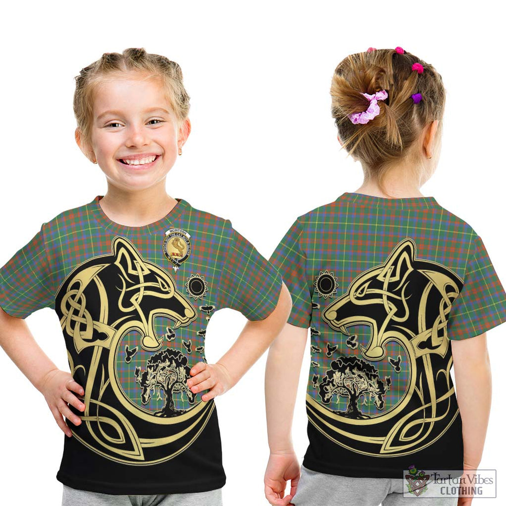 McIntosh Hunting Ancient Tartan Kid T-Shirt with Family Crest Celtic Wolf Style - Tartan Vibes Clothing