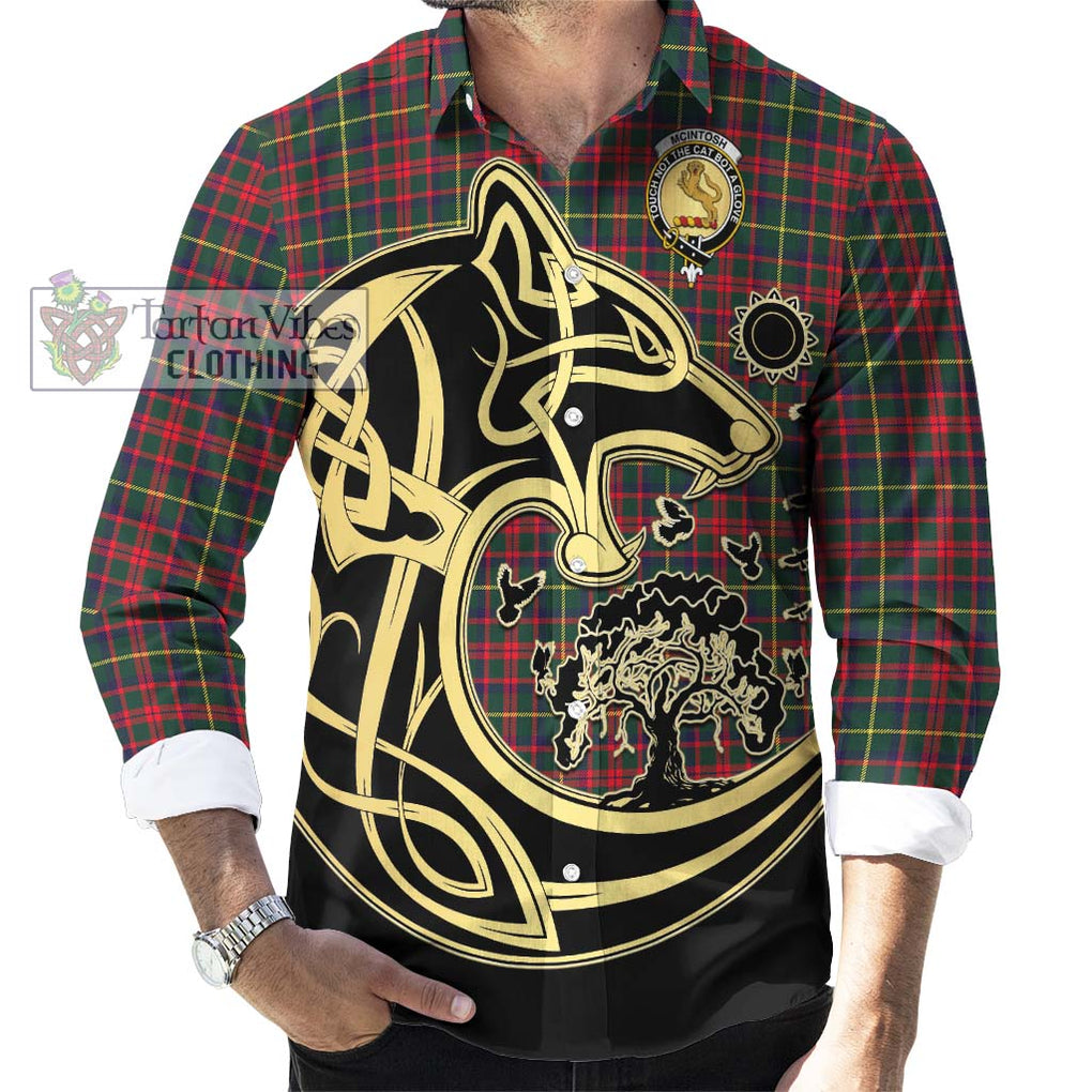 McIntosh Hunting Modern Tartan Long Sleeve Button Shirt with Family Crest Celtic Wolf Style - Tartan Vibes Clothing
