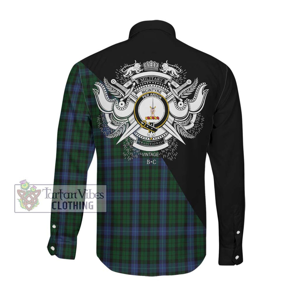 McIntyre Tartan Long Sleeve Button Shirt with Family Crest and Military Logo Style Men's Shirt - Tartanvibesclothing Shop