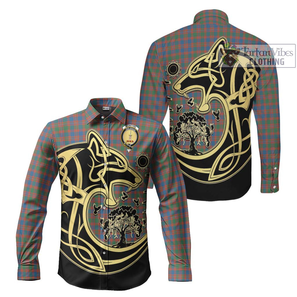 McIntyre Ancient Tartan Long Sleeve Button Shirt with Family Crest Celtic Wolf Style Men's Shirt S - Tartan Vibes Clothing