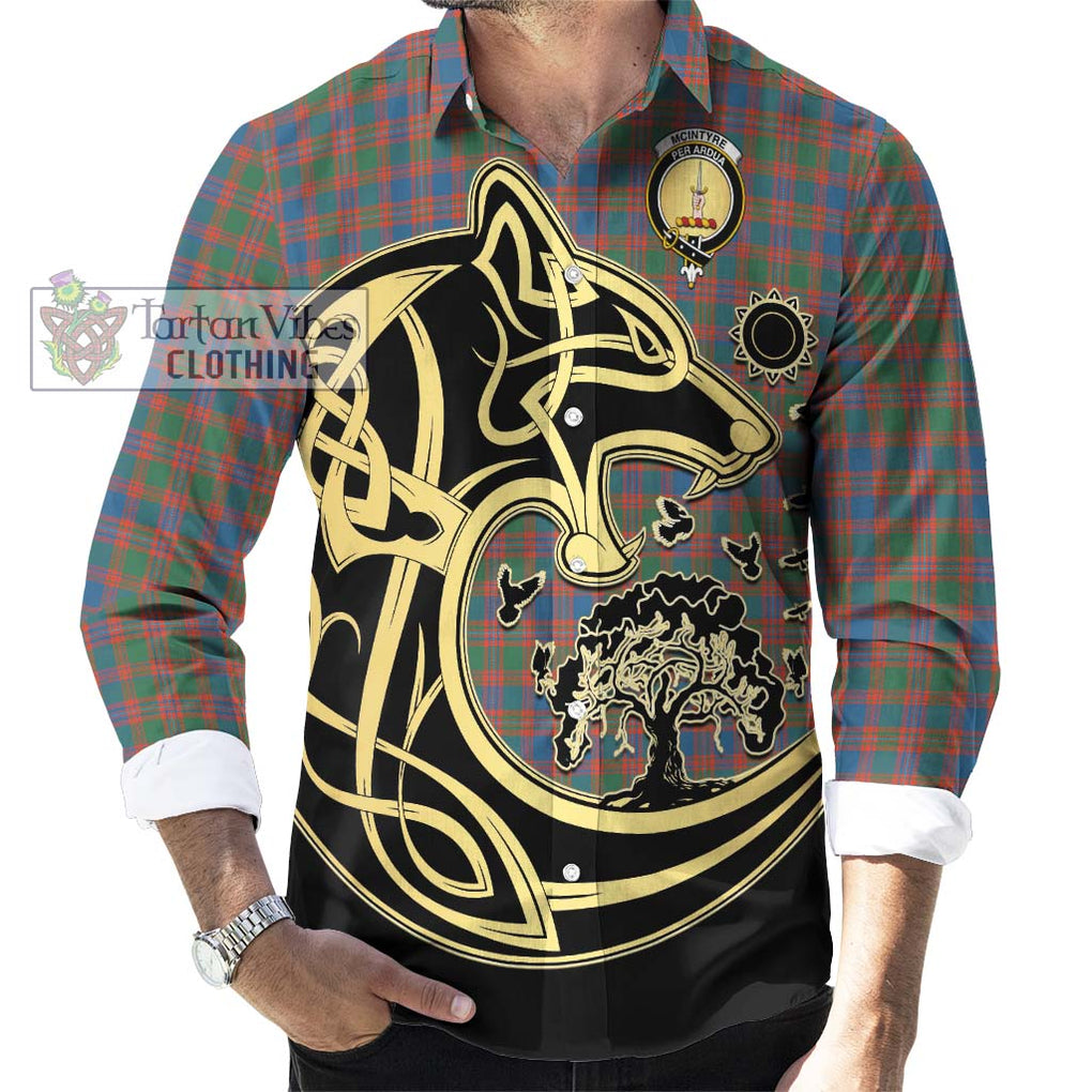 McIntyre Ancient Tartan Long Sleeve Button Shirt with Family Crest Celtic Wolf Style - Tartan Vibes Clothing