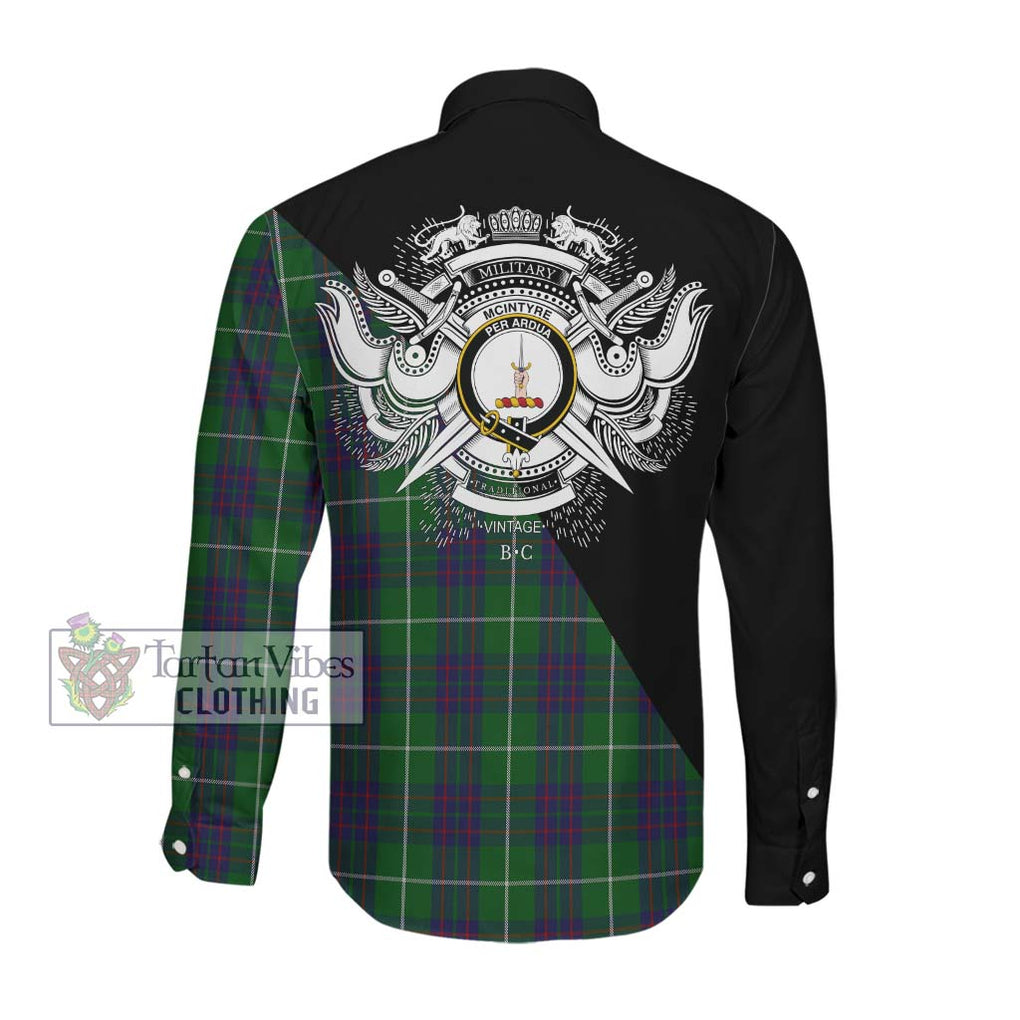 McIntyre Hunting Tartan Long Sleeve Button Shirt with Family Crest and Military Logo Style Men's Shirt - Tartanvibesclothing Shop