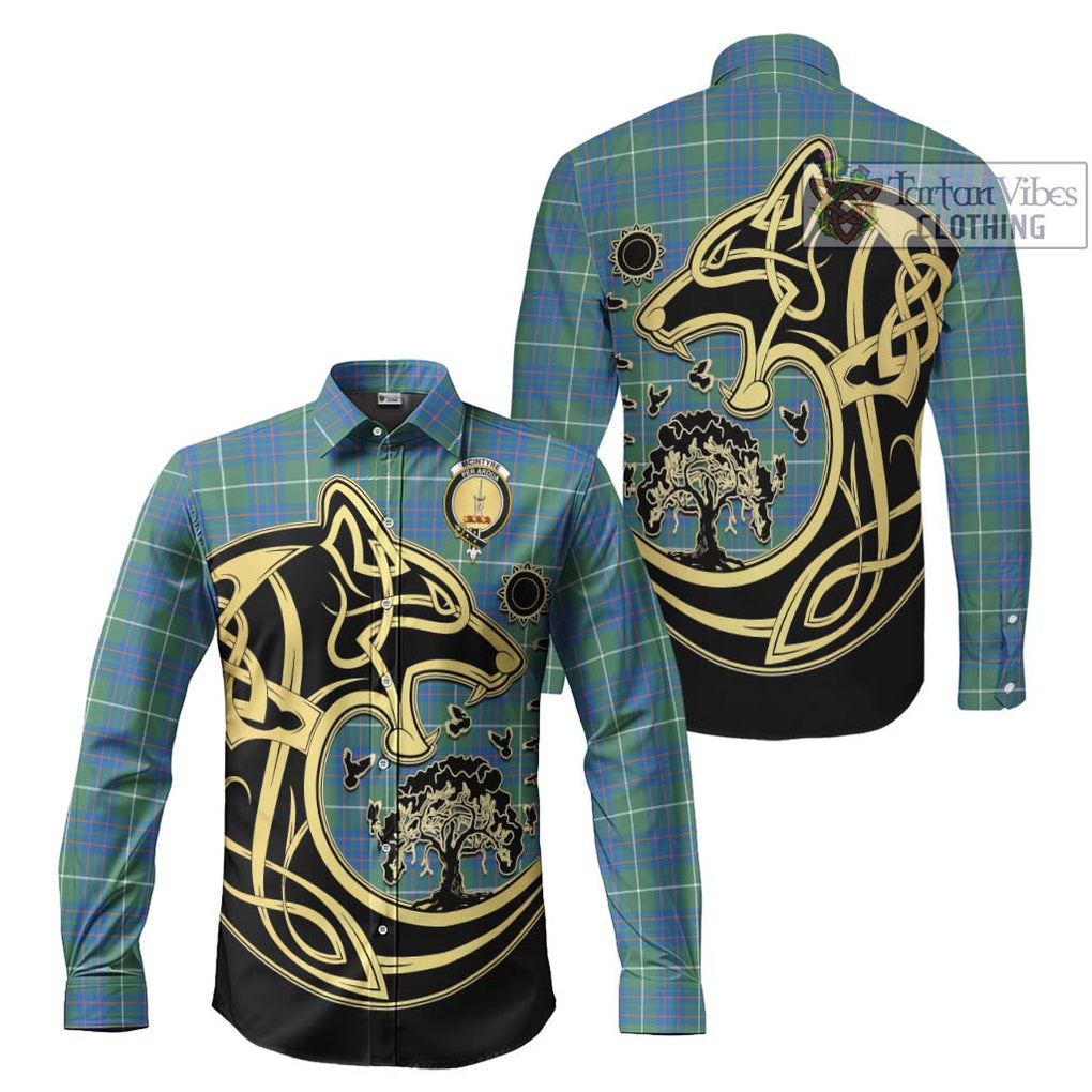 McIntyre Hunting Ancient Tartan Long Sleeve Button Shirt with Family Crest Celtic Wolf Style Men's Shirt S - Tartan Vibes Clothing