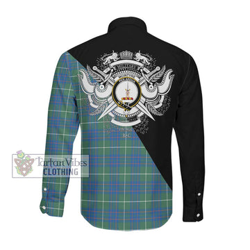 McIntyre Hunting Ancient Tartan Long Sleeve Button Shirt with Family Crest and Military Logo Style Men's Shirt - Tartanvibesclothing Shop