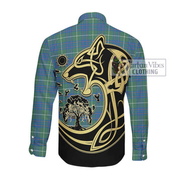 McIntyre Hunting Ancient Tartan Long Sleeve Button Shirt with Family Crest Celtic Wolf Style Men's Shirt - Tartan Vibes Clothing