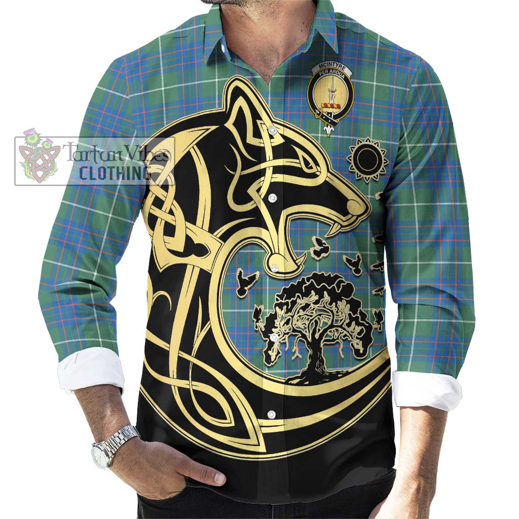 McIntyre Hunting Ancient Tartan Long Sleeve Button Shirt with Family Crest Celtic Wolf Style - Tartan Vibes Clothing