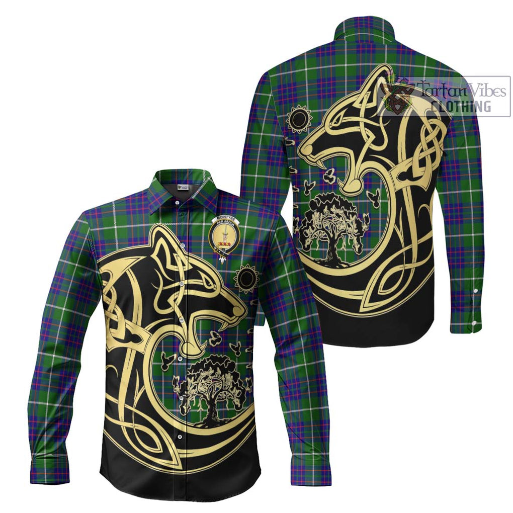 McIntyre Hunting Modern Tartan Long Sleeve Button Shirt with Family Crest Celtic Wolf Style Men's Shirt S - Tartan Vibes Clothing