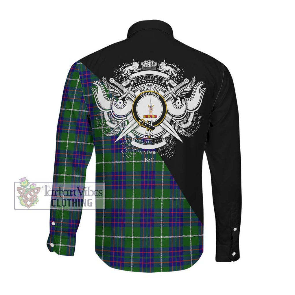 McIntyre Hunting Modern Tartan Long Sleeve Button Shirt with Family Crest and Military Logo Style Men's Shirt - Tartanvibesclothing Shop
