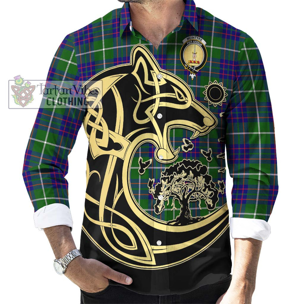 McIntyre Hunting Modern Tartan Long Sleeve Button Shirt with Family Crest Celtic Wolf Style - Tartan Vibes Clothing