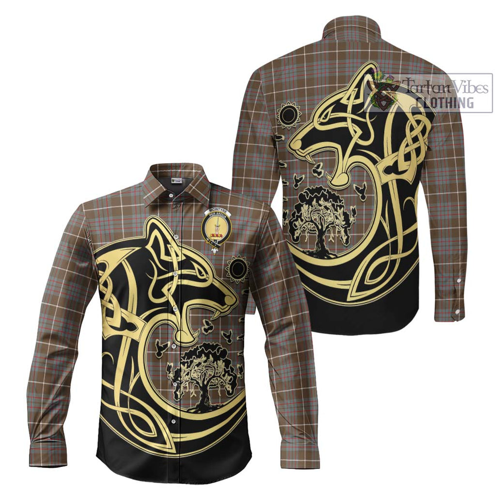 McIntyre Hunting Weathered Tartan Long Sleeve Button Shirt with Family Crest Celtic Wolf Style Men's Shirt S - Tartan Vibes Clothing