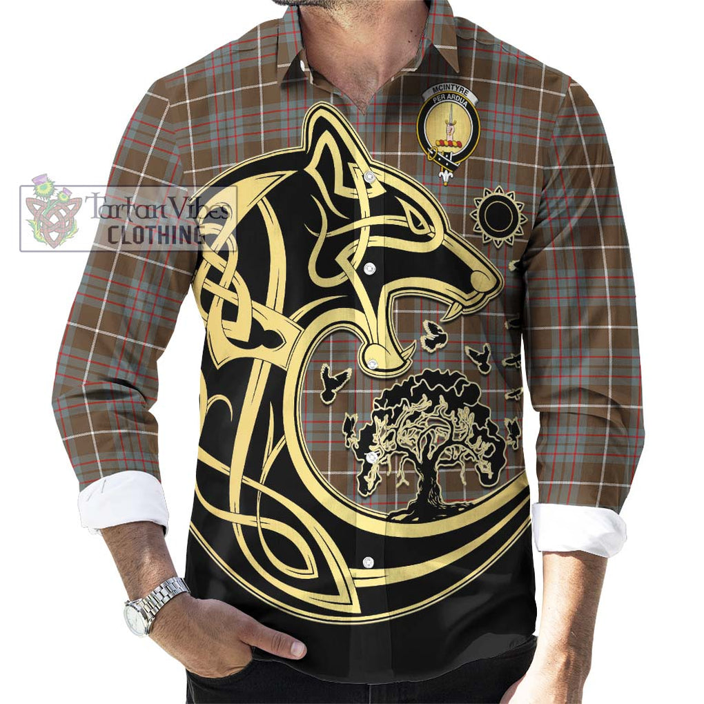 McIntyre Hunting Weathered Tartan Long Sleeve Button Shirt with Family Crest Celtic Wolf Style - Tartan Vibes Clothing