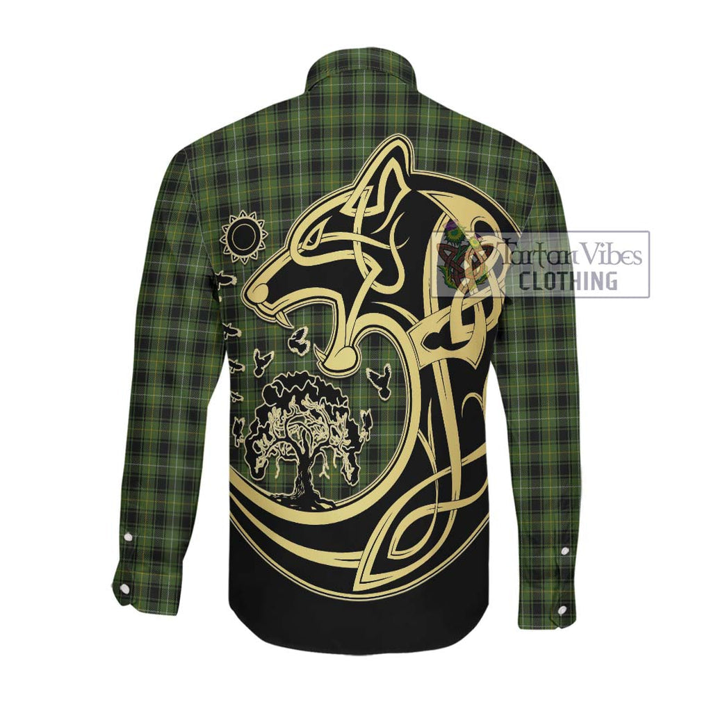 McIvor Hunting Tartan Long Sleeve Button Shirt with Family Crest Celtic Wolf Style Men's Shirt - Tartan Vibes Clothing