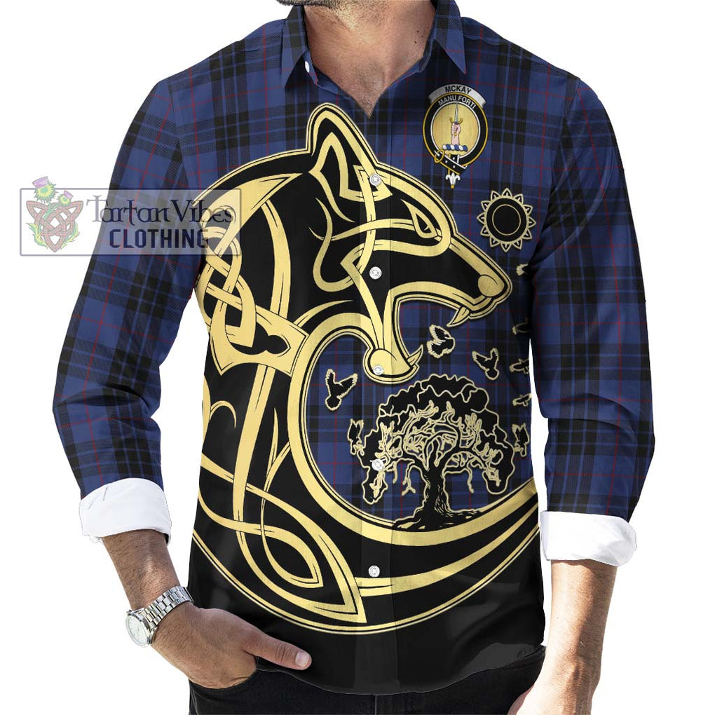Tartan Vibes Clothing McKay Blue #02 Tartan Long Sleeve Button Shirt with Family Crest Celtic Wolf Style