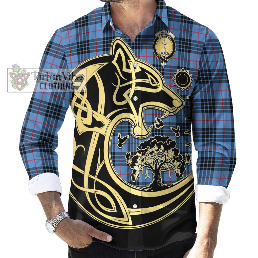 McKay Blue Tartan Long Sleeve Button Shirt with Family Crest Celtic Wolf Style - Tartan Vibes Clothing