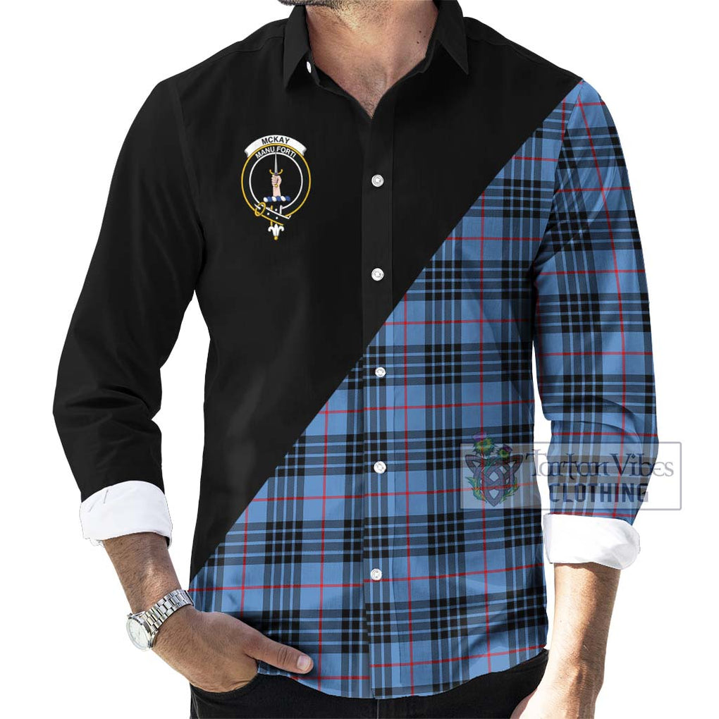 McKay Blue Tartan Long Sleeve Button Shirt with Family Crest and Military Logo Style - Tartanvibesclothing Shop