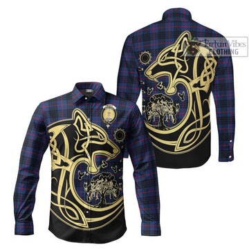 McKay Blue Modern Tartan Long Sleeve Button Shirt with Family Crest Celtic Wolf Style Men's Shirt S - Tartan Vibes Clothing