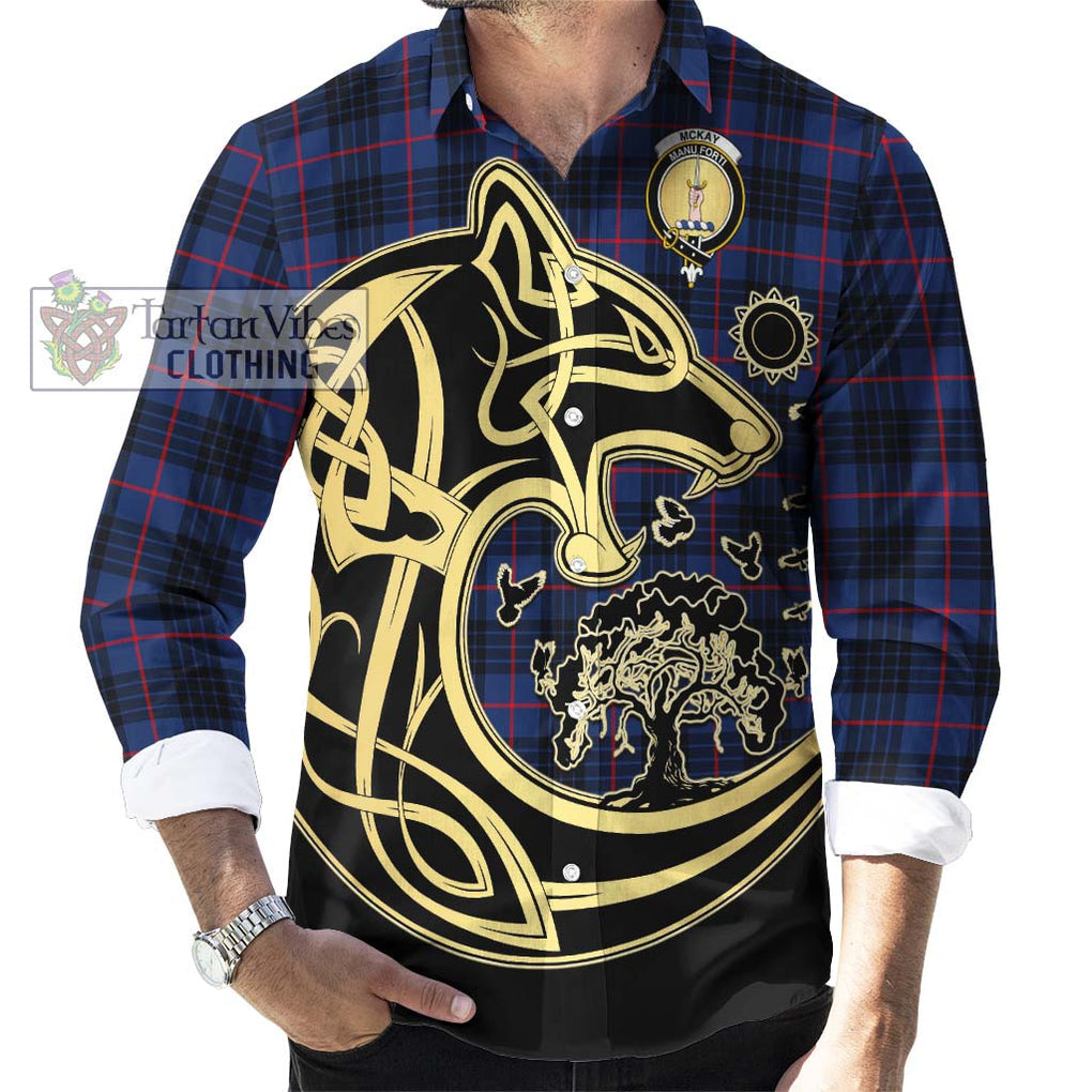 McKay Blue Modern Tartan Long Sleeve Button Shirt with Family Crest Celtic Wolf Style - Tartan Vibes Clothing