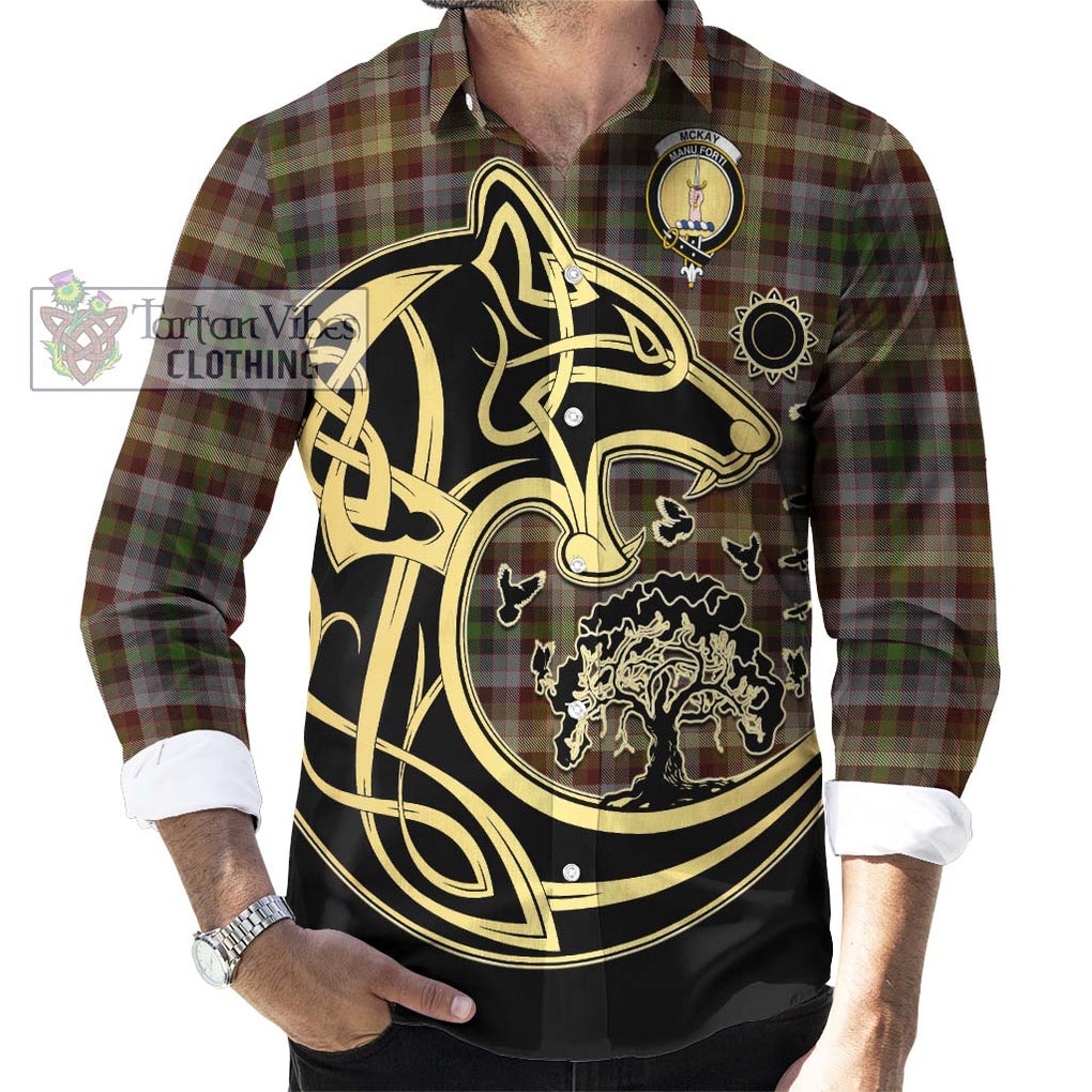 McKay of Strathnaver Tartan Long Sleeve Button Shirt with Family Crest Celtic Wolf Style - Tartan Vibes Clothing