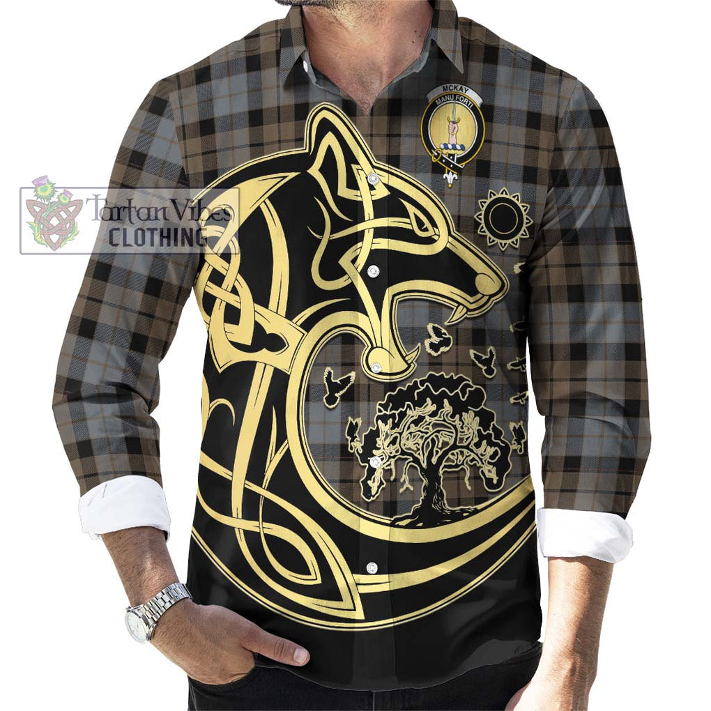 McKay Weathered Tartan Long Sleeve Button Shirt with Family Crest Celtic Wolf Style - Tartan Vibes Clothing
