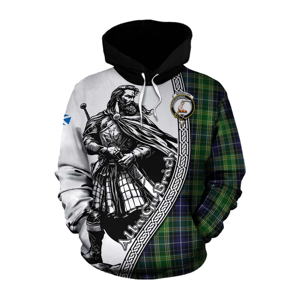 Tartan Vibes Clothing McKellar Tartan Clan Crest Cotton Hoodie with Highlander Warrior Celtic Style