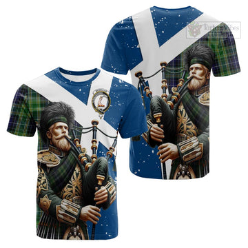 Tartan Vibes Clothing McKellar Tartan Cotton T-shirt with Family Crest Scottish Bagpiper Vibes
