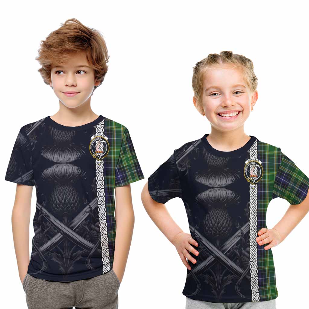 Tartan Vibes Clothing McKellar Tartan Kid T-Shirt with Family Crest Cross Sword Thistle Celtic Vibes