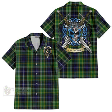 Tartan Vibes Clothing McKellar Tartan Short Sleeve Button Shirt with Family Crest Celtic Skull Style