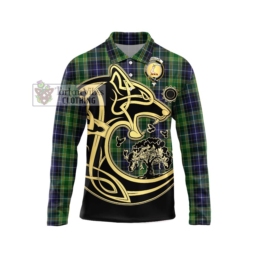 McKellar Tartan Long Sleeve Polo Shirt with Family Crest Celtic Wolf Style Unisex - Tartanvibesclothing Shop