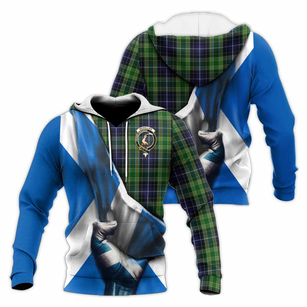 Tartan Vibes Clothing McKellar Tartan Knitted Hoodie with Family Crest Scotland Patriotic Style